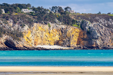 Fototapeta premium Beautiful village of Morgat with the sand beach and rocky coastline, Finistere, Brittany (Bretagne), France.