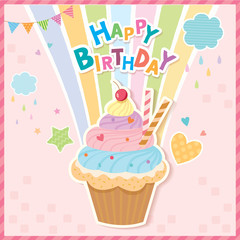 Happy birthday card design with rainbow cupcake and on pink background colors.
