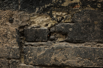 Old stone wall background, brick wall grunge texture close up.