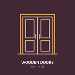 Wooden doors installation logo, repair flat line icon. Interior design thin linear sign for house decor shop, handyman service.