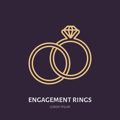 Brilliant engagement rings illustration. Jewelry flat line icon, jewellery store logo. Jewels accessories sign.