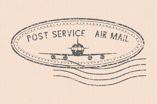 Post service air mail stamp with airplane black icon. Partially faded
