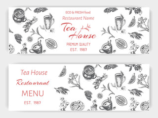 Vector illustration sketch card - herbal tea - breakfast banner.