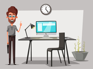 Modern workplace. Creative character. Office work. Cartoon vector illustration