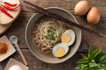Asian noodles, bowl of noodles with vegetables and chicken
