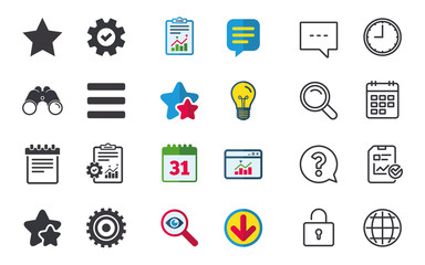 Star and menu list signs. Notepad, gear.