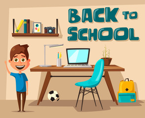 Schoolboy learns lessons at home. Cartoon vector illustration