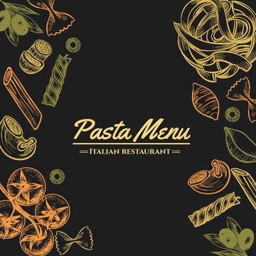 Italian pasta frame . Hand drawn vector illustration of an Italian pasta on a blackboard, sketch . Classic italian cuisine.
