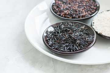 Set of various rice in plates on white stone background: black, basmati and brown rice. Toned.