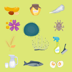 Allergy symbols disease healthcare food viruses health flat illness allergen symptoms disease information vector illustration.