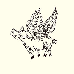 Funny piggy with lovely angel wings, hand drawn doodle, sketch in pop art style, black and white vector illustration