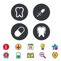 Tooth enamel icons. Medical syringe and pill.