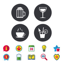 Drinks signs. Coffee cup, glass of beer icons.