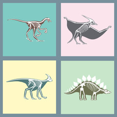 Dinosaurs skeletons silhouettes cards set fossil bone tyrannosaurus prehistoric animal dino bone vector flat illustration.