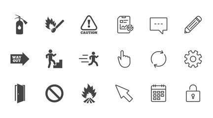 Fototapeta premium Fire safety, emergency icons. Extinguisher sign.