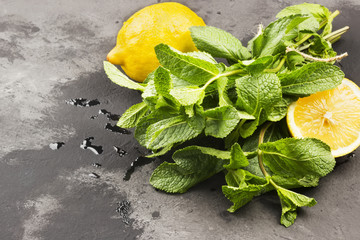 Ingredients for lemonade - lemon, mint on a dark background. Copy space. Food background