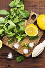 Fototapeta na wymiar Ingredients for lemonade - lemon, mint, ice on a wooden cutting board on a wooden background