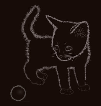 Little kitten with ball, black and white, vector illustration