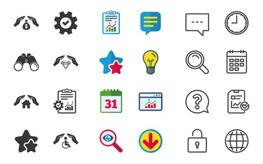 Fototapeta premium Hands insurance icons. Money savings sign.