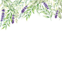 Watercolor hand drawn lavender and green leaves card template. Template for save the date, birthday cards, wedding invitations