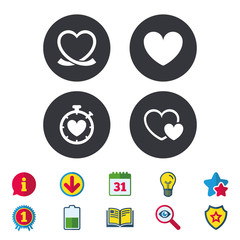 Heart ribbon icon. Timer stopwatch symbol.