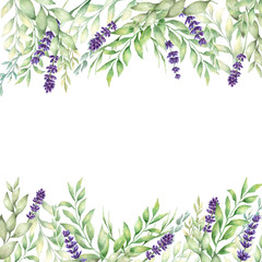 Watercolor hand drawn lavender and green leaves card template. Template for save the date, birthday...