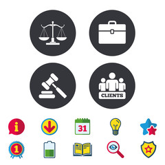 Scales of Justice icon. Auction hammer and case.