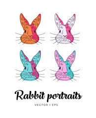 A set of vector editable colorful images depicting a cute rabbits portraits on a white background. Hand drawn doodles.