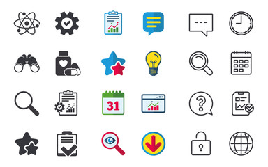 Medical icons. Atom, magnifier glass, checklist.