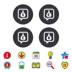 Money bag icons. Dollar, Euro, Pound and Yen.