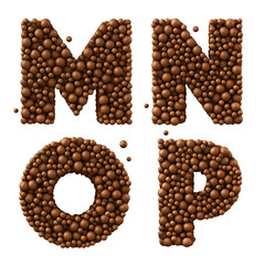 Letters M N O P isolated on white, chocolate concept, 3d illustration