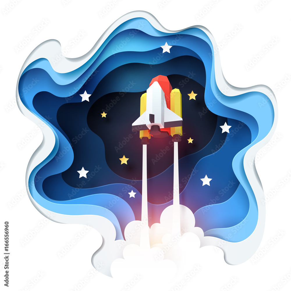 Wall mural abstract of spaceship launch to space, paper art concept and exploration idea