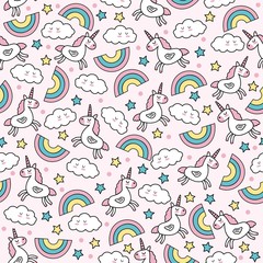 Cute vector seamless pattern with unicorns and rainbows.