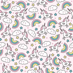 Wall murals Unicorn Cute vector seamless pattern with unicorns and rainbows.