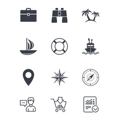 Cruise trip, ship and yacht icons. Travel signs.