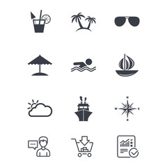 Cruise trip, ship and yacht icons. Travel signs.