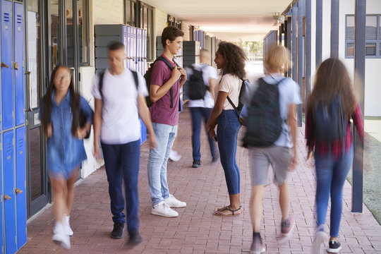Teenage classmates stand talking in school hallway