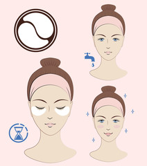 Instruction: How to apply cosmetic patches under the eyes. Skincare. Vector isolated illustration.