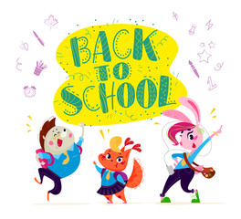 Vector flat collection of happy funny animal students. Back to school icon collection. Doodle study element set isolated on white background. Cartoon style. Good for sticker, banner, packaging design