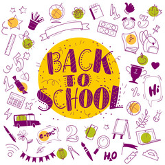 Vector back to school doodle set illustration. Free hand drawn education elements collection isolated on white background. Different school objects scattered. Lettering greeting. Line art.