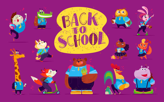 Vector flat collection of happy funny animal students element set isolated on violet background. Back to school icon collection. Cartoon style. Good for sticker, banner, packaging design.