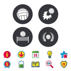 Volleyball and net icons. Winner laurel wreath.