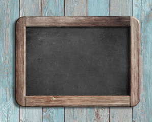 old chalkboard or blackboard on blue wood 3d illustration