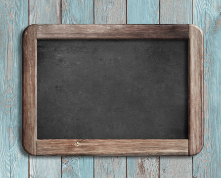 old chalkboard or blackboard on blue wood 3d illustration