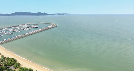 Aerial view image and atmosphere panorama beautiful view of peaceful ocean at Pattaya,Thailand.