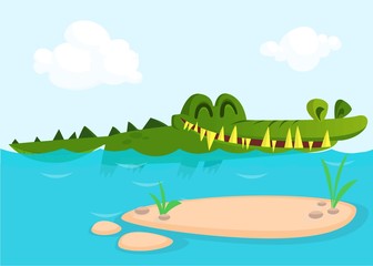 Fototapeta na wymiar Cute crocodile lizard cartoon swimming. Vector character illustration for children book.