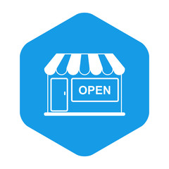 Icono plano tienda en hexagono azul