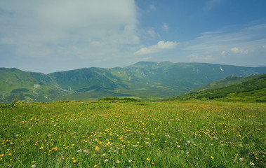Obraz premium Field in mountains during sunrise.