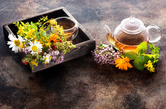 Herbal tea with healing herbs. Medicinal Herbs and Flowers