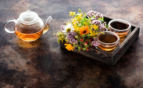 Herbal tea, fresh medical herbs and flowers. Phytotherapy